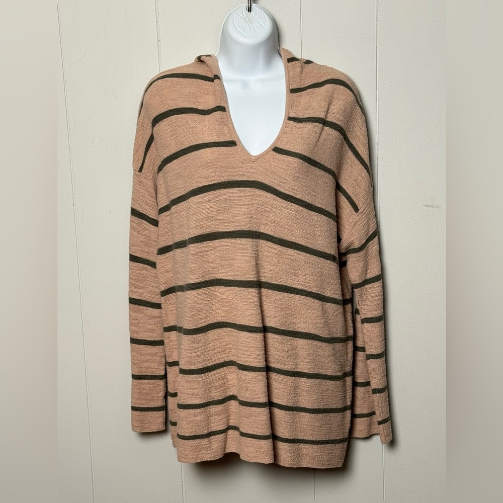 J. Jill Women’s Cotton Blend V-Neck Sweater - Tan and Charcoal Stripes Size M